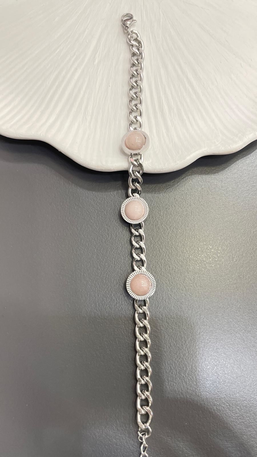 Pembe Taşlı Çelik Zincir Bileklik